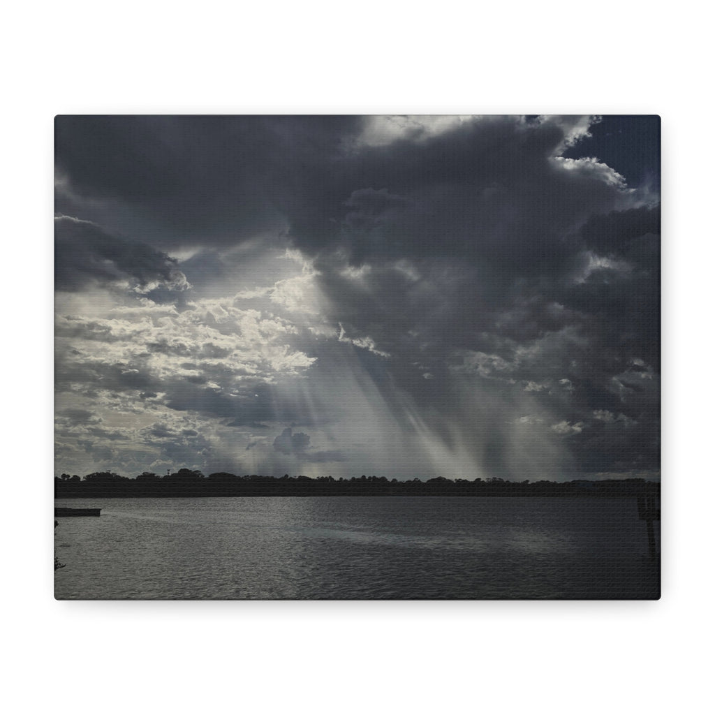 The Light Found a Way Matte Canvas Print — Sunbeams Through Clouds