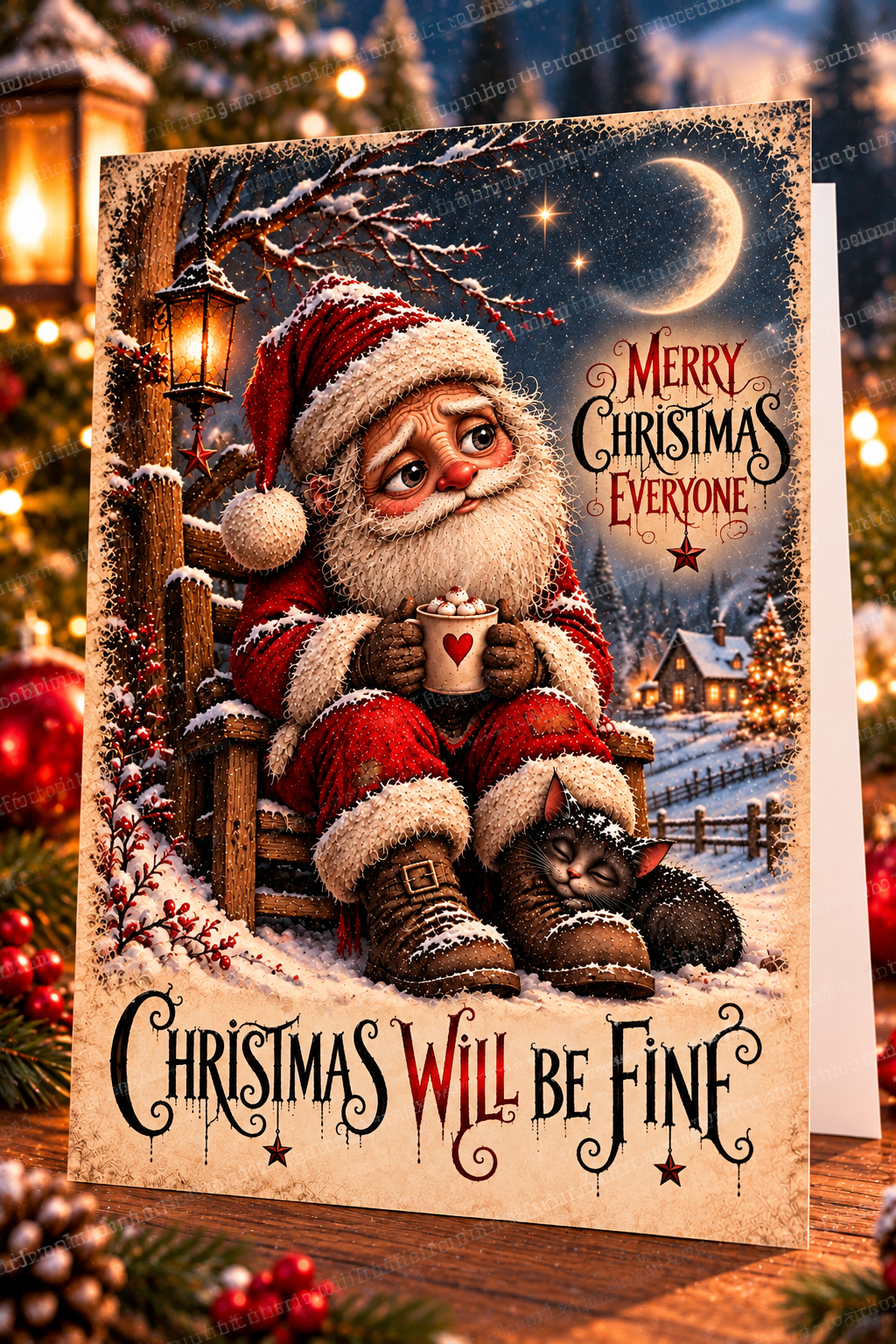 Christmas Will Be Fine – Cute Santa & Black Cat Christmas Card