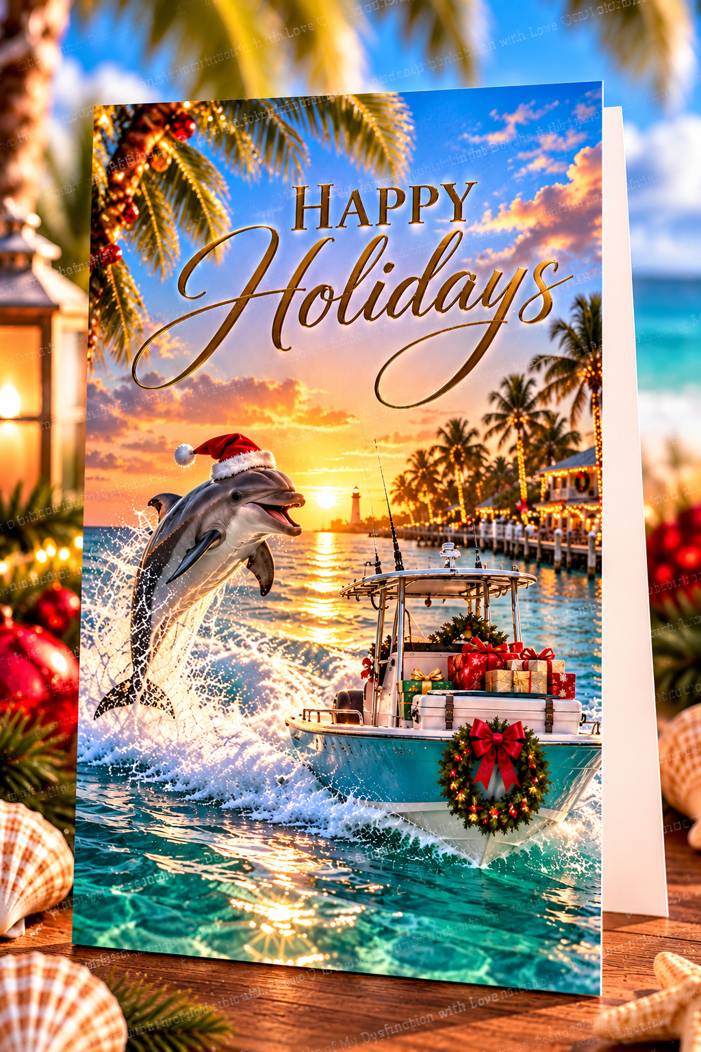 Happy Holidays – Dolphin & Boat Tropical Christmas Card