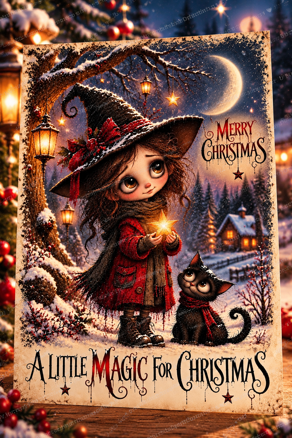 A Little Magic for Christmas – Whimsical Witch & Black Cat Christmas Card
