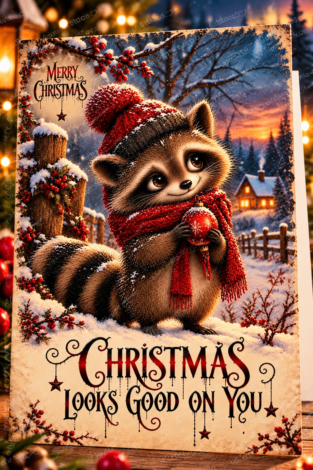 Christmas Looks Good on You – Cute Raccoon Christmas Card