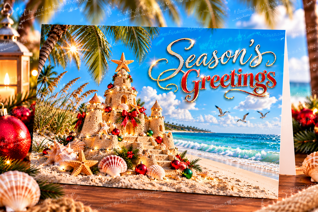 Season’s Greetings Sandcastle – Tropical Beach Christmas Card