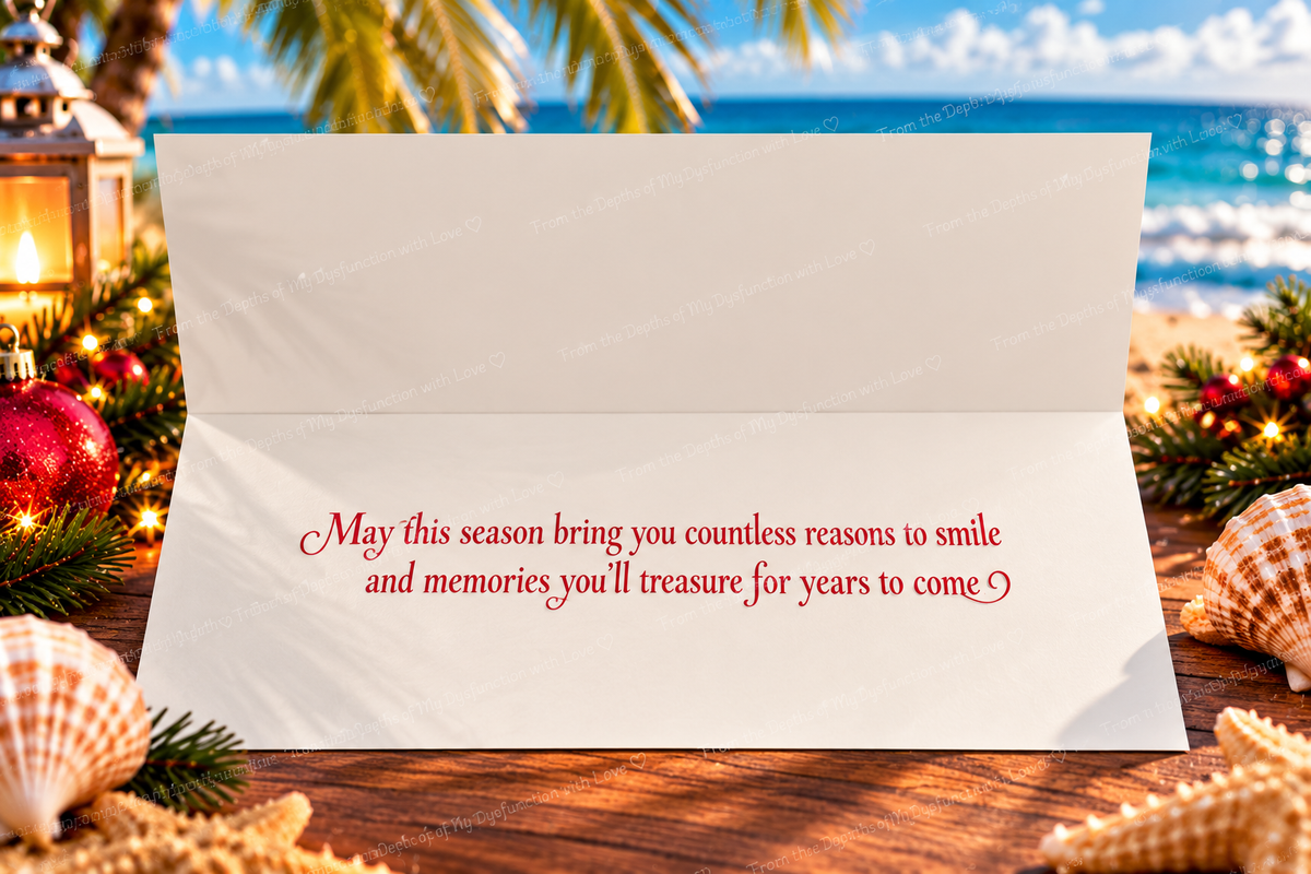 Season’s Greetings Sandcastle – Tropical Beach Christmas Card